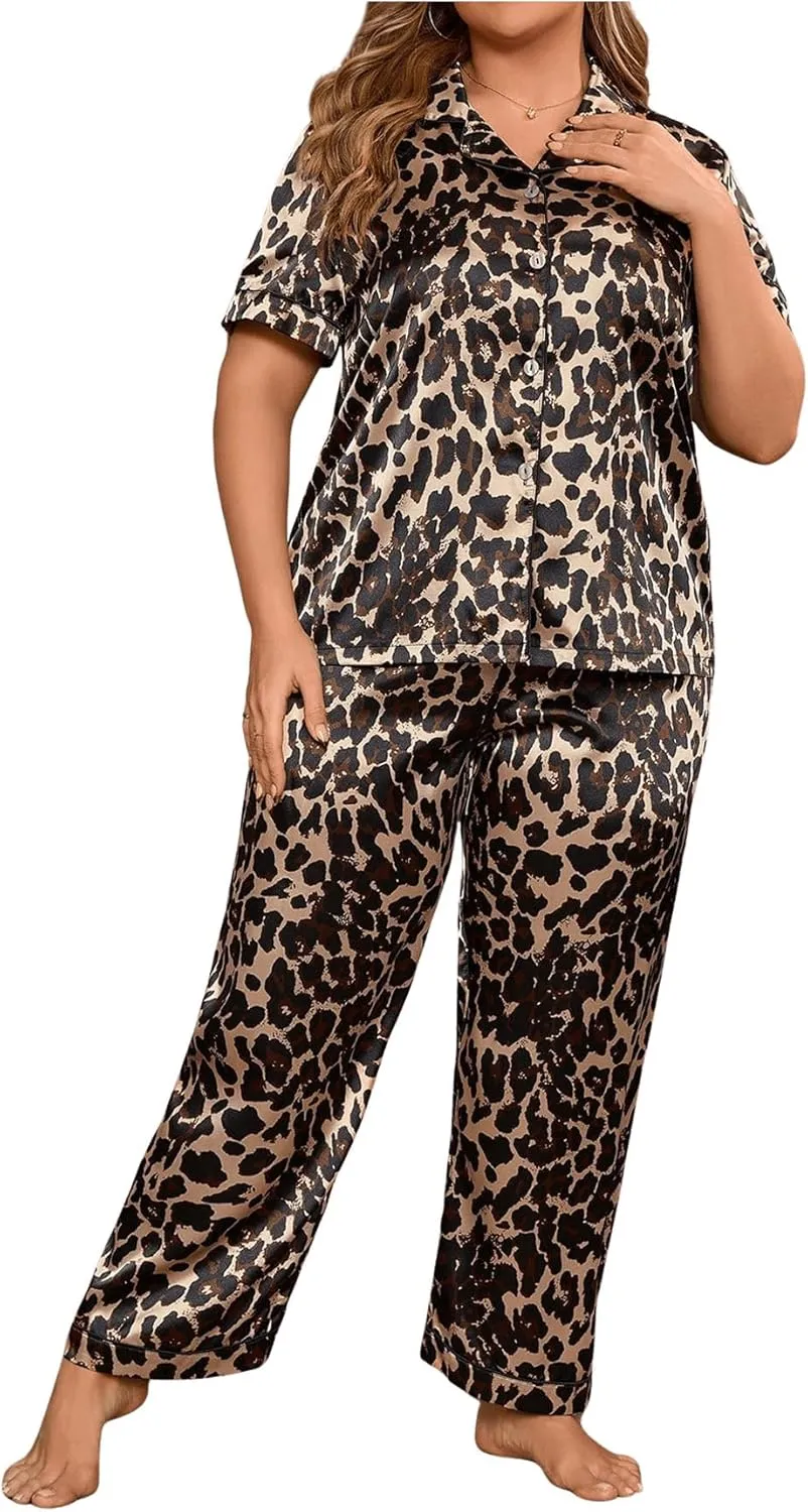 MakeMeChic Women's Plus Size Pajama Sets Leopard Print Button Down Shirt and Pants Satin Soft PJ Set