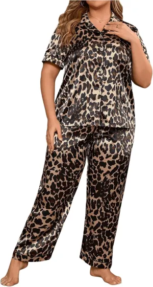 MakeMeChic Women's Plus Size Pajama Sets Leopard Print Button Down Shirt and Pants Satin Soft PJ Set
