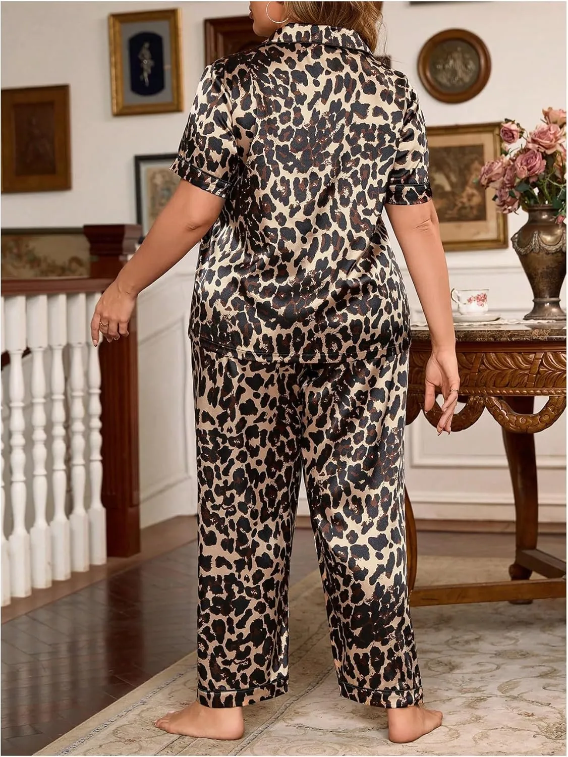 MakeMeChic Women's Plus Size Pajama Sets Leopard Print Button Down Shirt and Pants Satin Soft PJ Set