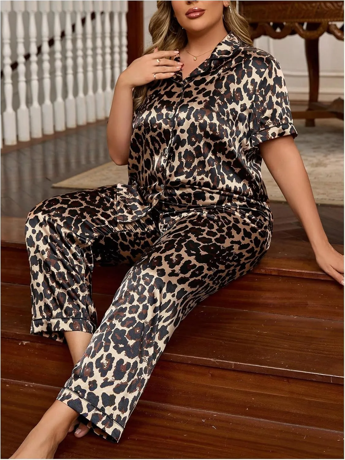 MakeMeChic Women's Plus Size Pajama Sets Leopard Print Button Down Shirt and Pants Satin Soft PJ Set