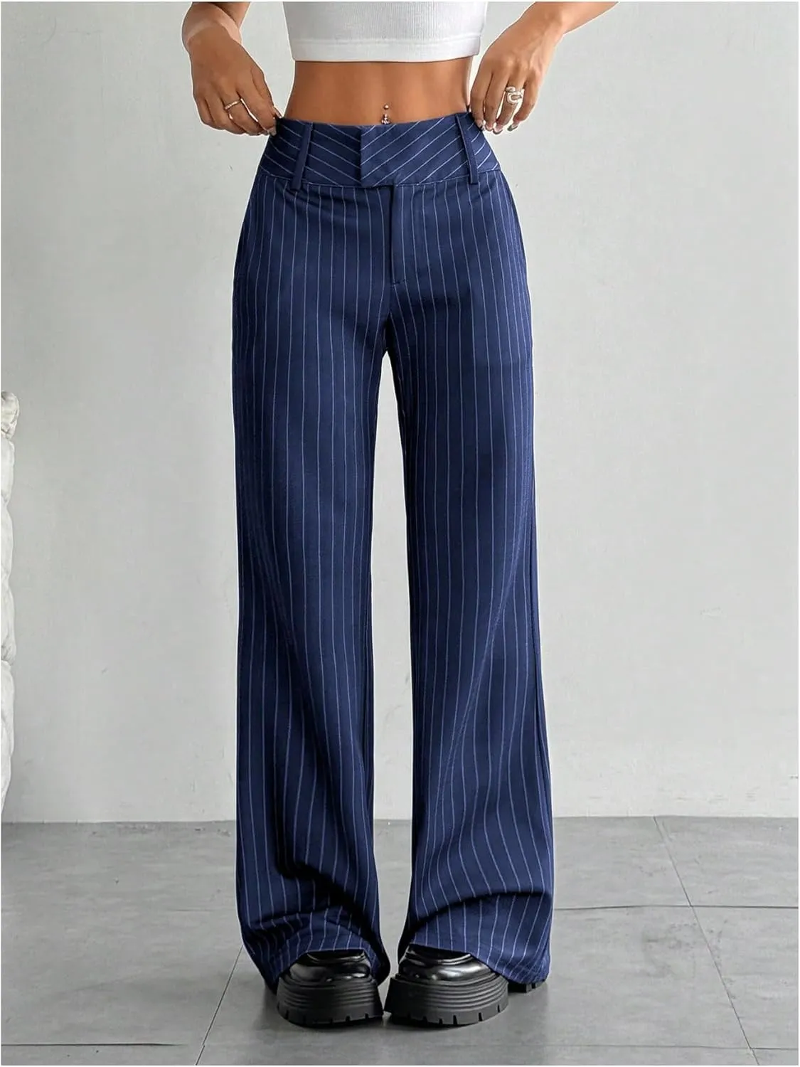 MakeMeChic Women's Striped Dressy Pants Straight Leg Work Office Long Trousers