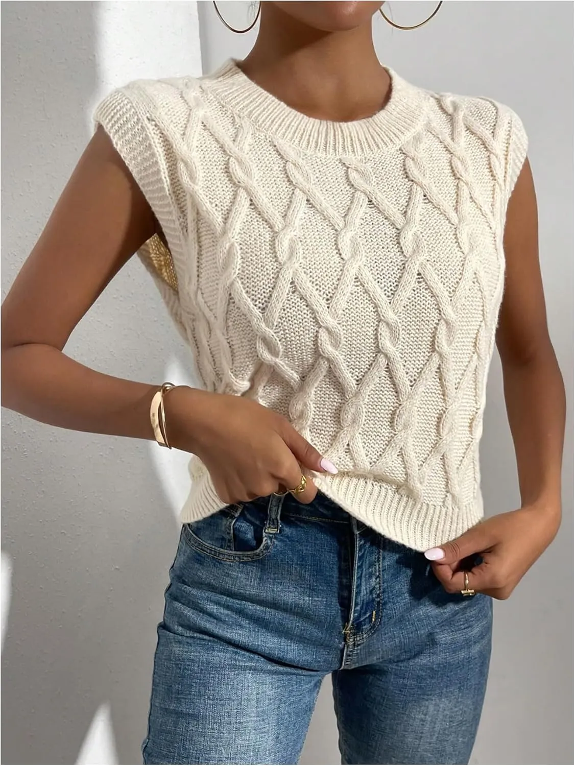 MakeMeChic Women's Sweater Vest Cable Knit Sweater Crew Neck Sleeveless Knit Vest