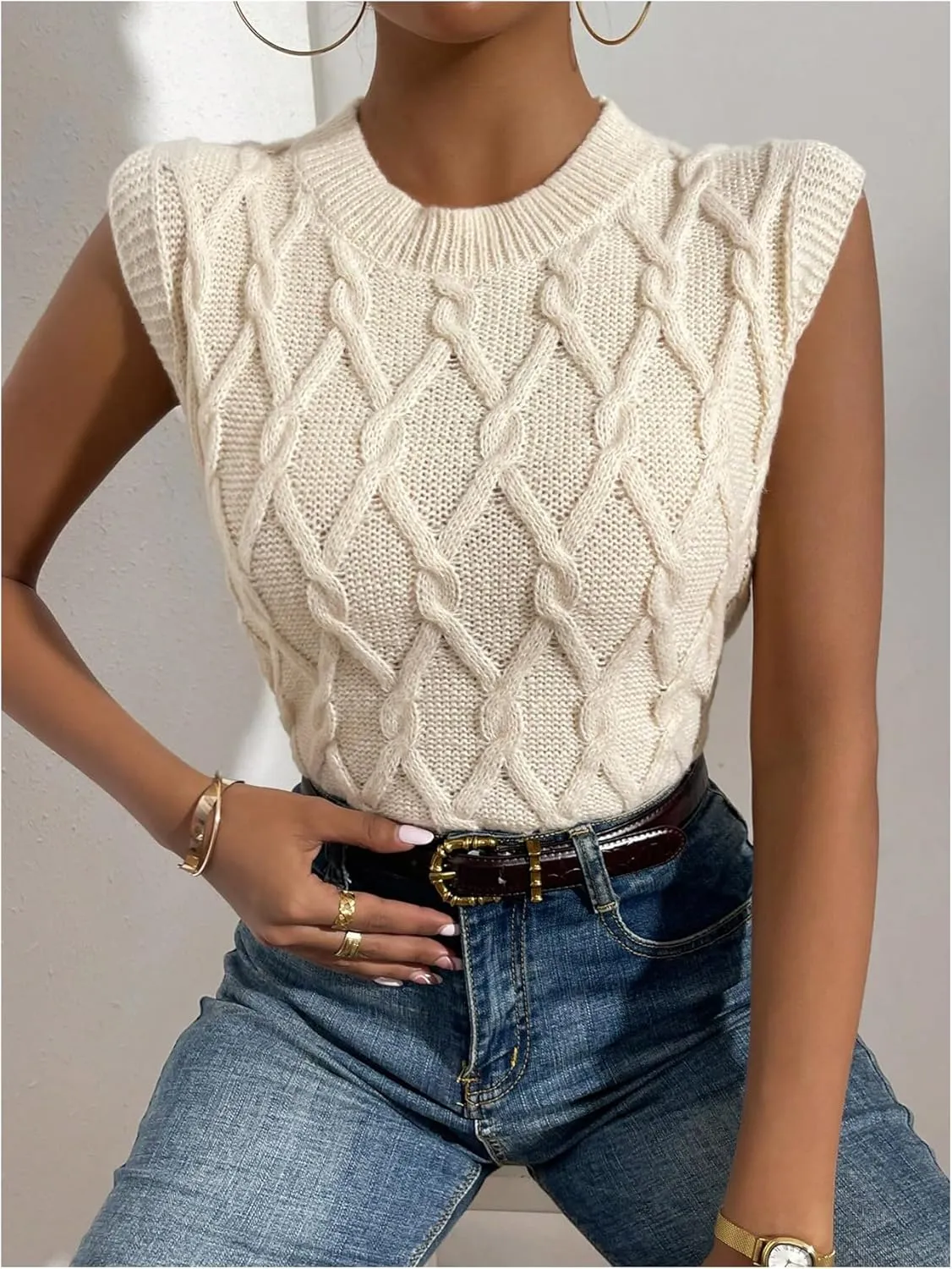 MakeMeChic Women's Sweater Vest Cable Knit Sweater Crew Neck Sleeveless Knit Vest