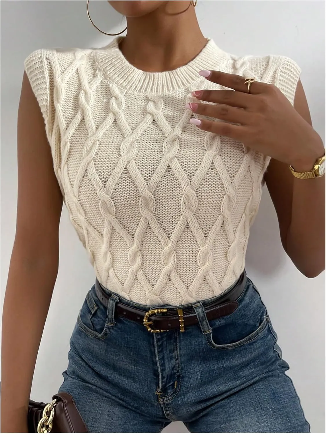 MakeMeChic Women's Sweater Vest Cable Knit Sweater Crew Neck Sleeveless Knit Vest
