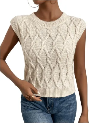 MakeMeChic Women's Sweater Vest Cable Knit Sweater Crew Neck Sleeveless Knit Vest