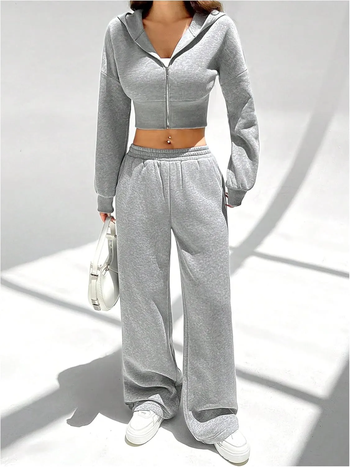 MakeMeChic Women's Two Piece Athletic Outfits Long Sleeve Zip Up Hooded Cropped Sweatshirt and Sweatpants Set