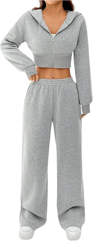 MakeMeChic Women's Two Piece Athletic Outfits Long Sleeve Zip Up Hooded Cropped Sweatshirt and Sweatpants Set