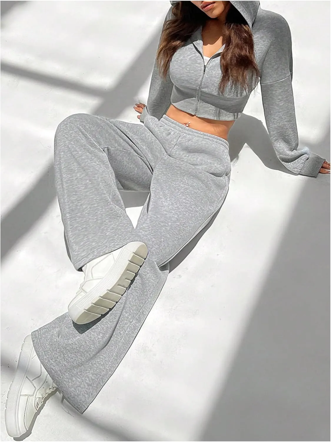 MakeMeChic Women's Two Piece Athletic Outfits Long Sleeve Zip Up Hooded Cropped Sweatshirt and Sweatpants Set