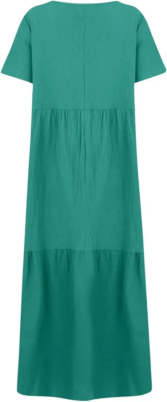 Maxi Dresses for Women 2025 Plus Size Short Sleeve V Neck Summer Boho Linen Dress Lightweight Flowy Vacation Beach Dress