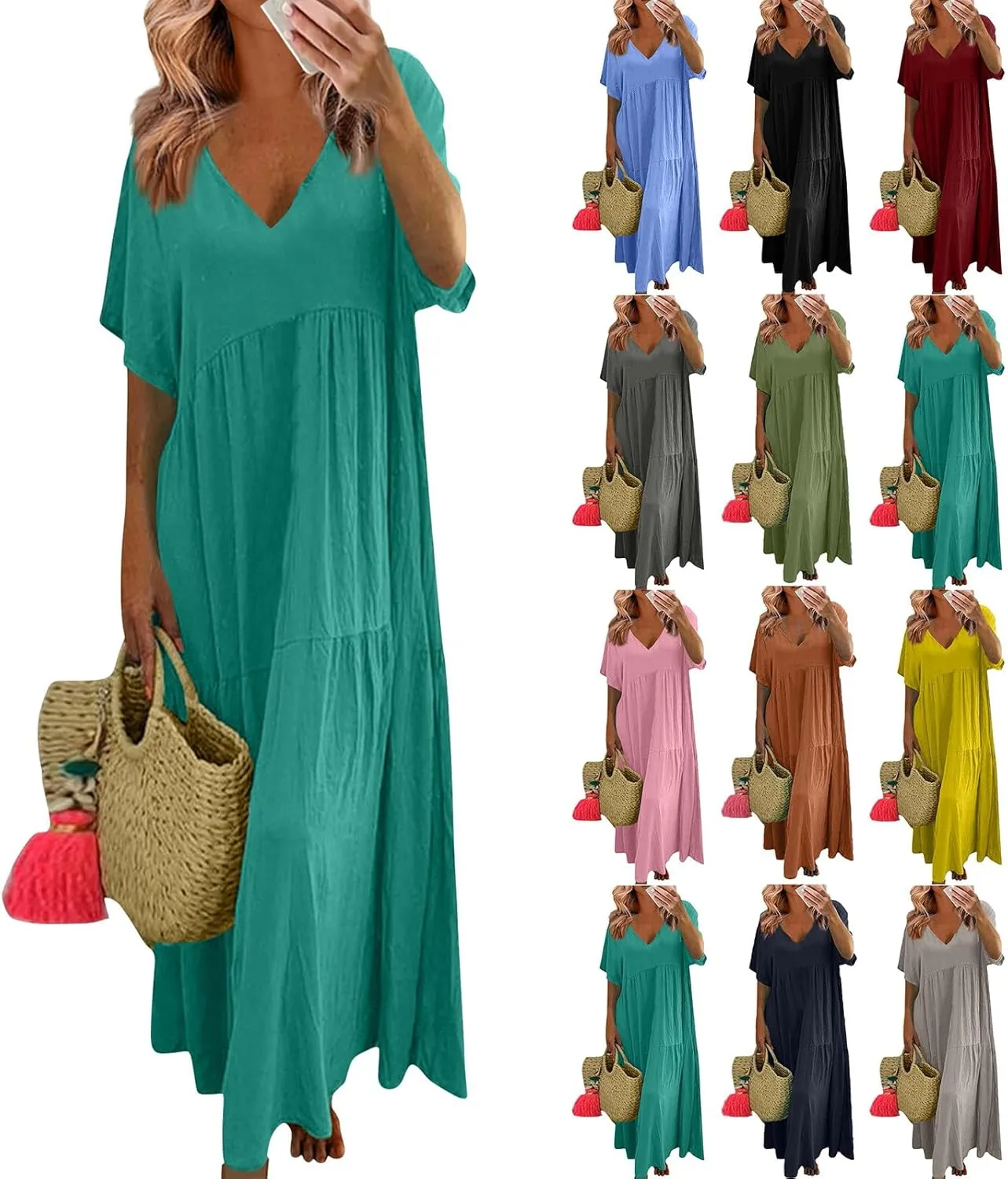 Maxi Dresses for Women 2025 Plus Size Short Sleeve V Neck Summer Boho Linen Dress Lightweight Flowy Vacation Beach Dress