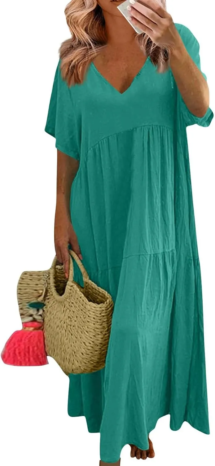 Maxi Dresses for Women 2025 Plus Size Short Sleeve V Neck Summer Boho Linen Dress Lightweight Flowy Vacation Beach Dress
