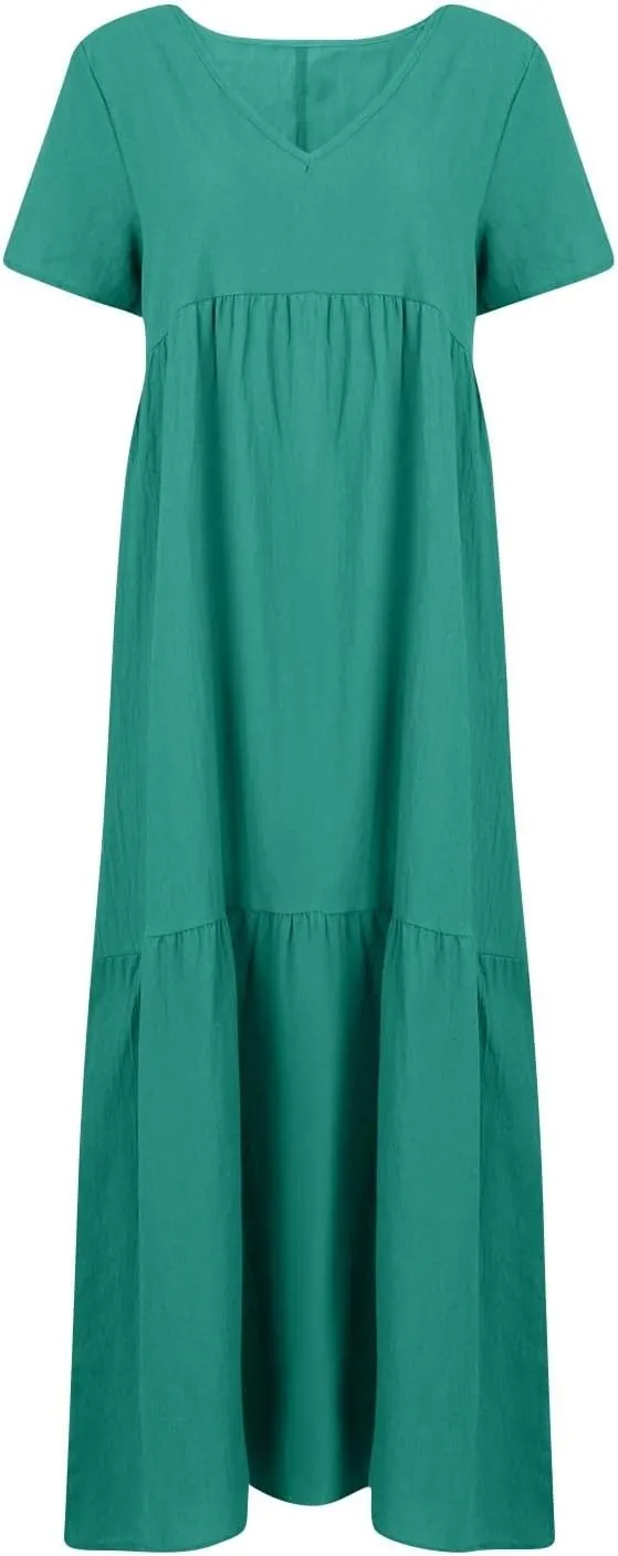 Maxi Dresses for Women 2025 Plus Size Short Sleeve V Neck Summer Boho Linen Dress Lightweight Flowy Vacation Beach Dress