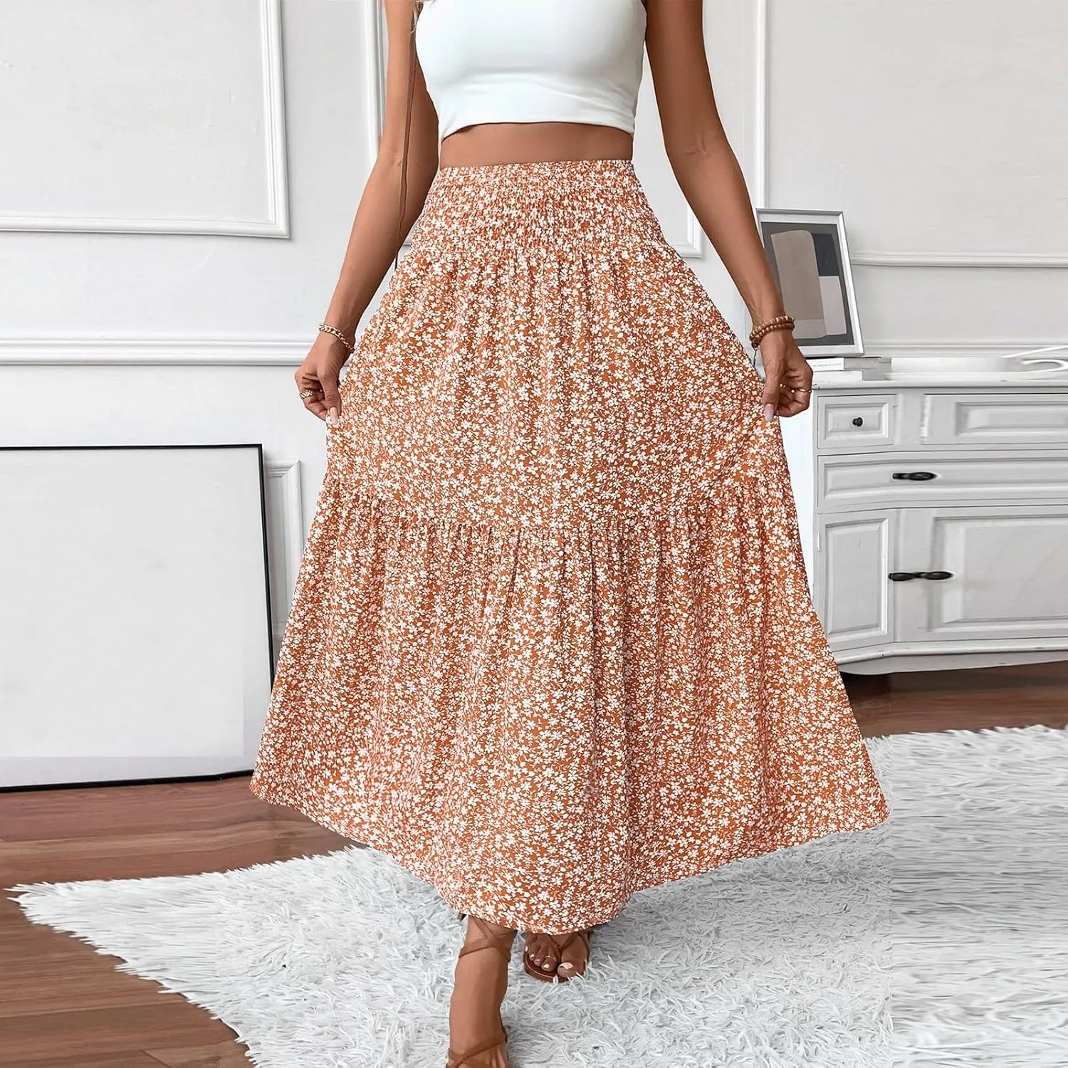 Maxi Skirts for Women with Pockets 2025 Summer Long High Elastic Waist Boho Flowy Ruffle A-Line Midi Length Floral Skirt
