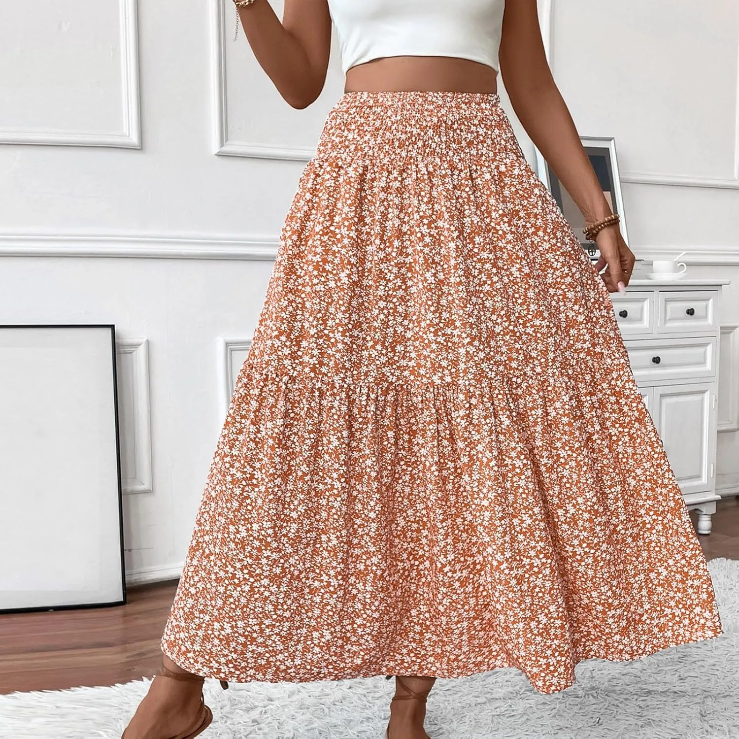 Maxi Skirts for Women with Pockets 2025 Summer Long High Elastic Waist Boho Flowy Ruffle A-Line Midi Length Floral Skirt