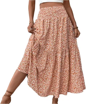 Maxi Skirts for Women with Pockets 2025 Summer Long High Elastic Waist Boho Flowy Ruffle A-Line Midi Length Floral Skirt