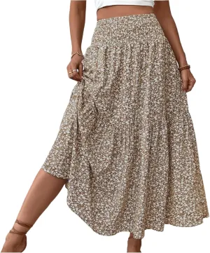 Maxi Skirts for Women with Pockets 2025 Summer Long High Elastic Waist Boho Flowy Ruffle A-Line Midi Length Floral Skirt