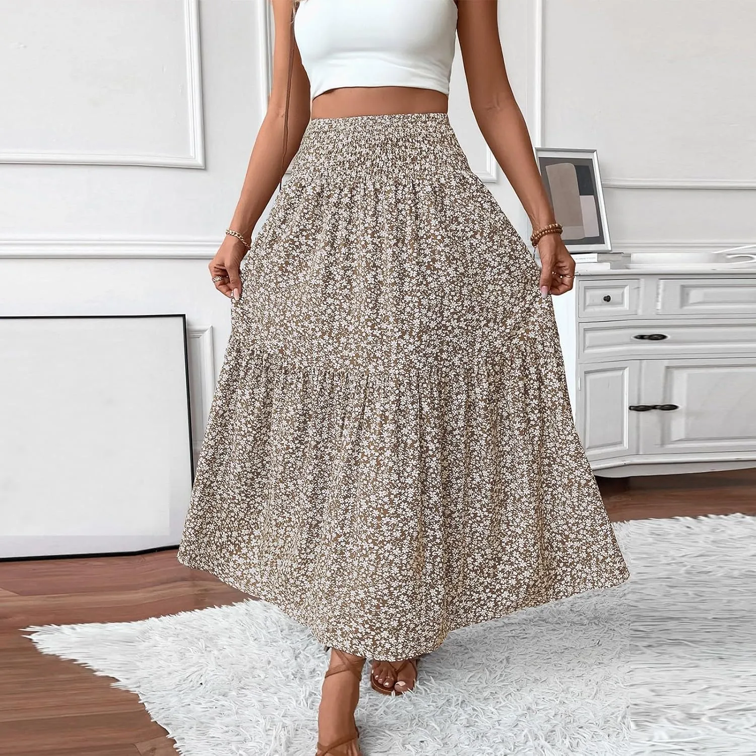 Maxi Skirts for Women with Pockets 2025 Summer Long High Elastic Waist Boho Flowy Ruffle A-Line Midi Length Floral Skirt