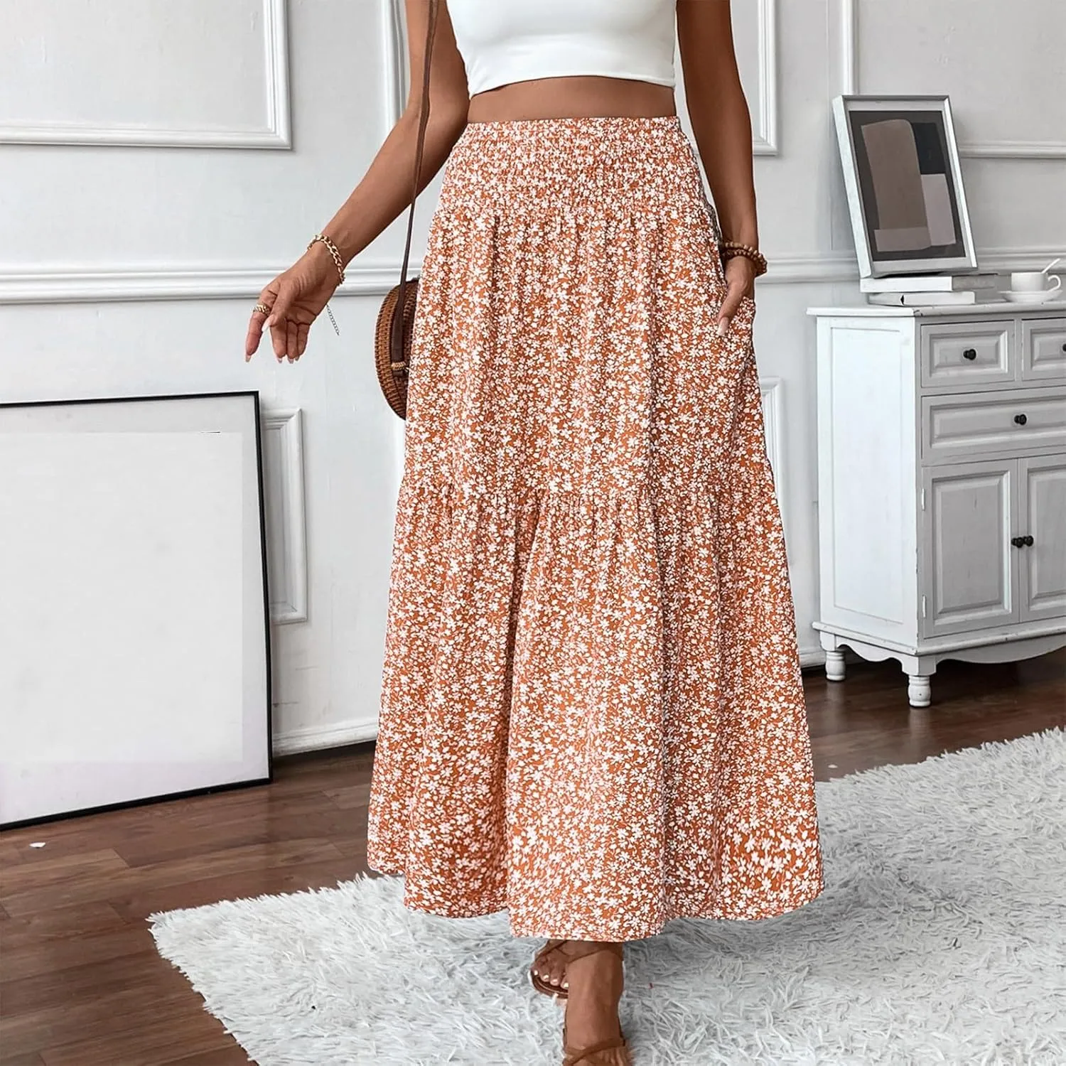 Maxi Skirts for Women with Pockets 2025 Summer Long High Elastic Waist Boho Flowy Ruffle A-Line Midi Length Floral Skirt