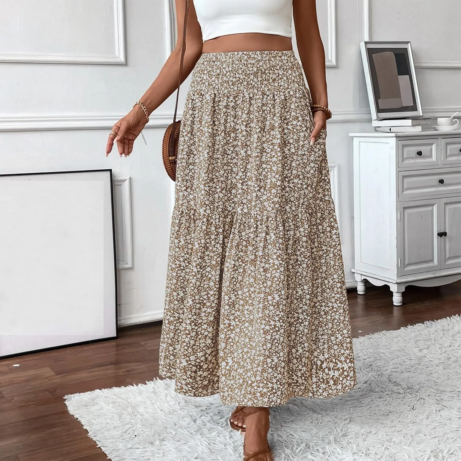 Maxi Skirts for Women with Pockets 2025 Summer Long High Elastic Waist Boho Flowy Ruffle A-Line Midi Length Floral Skirt