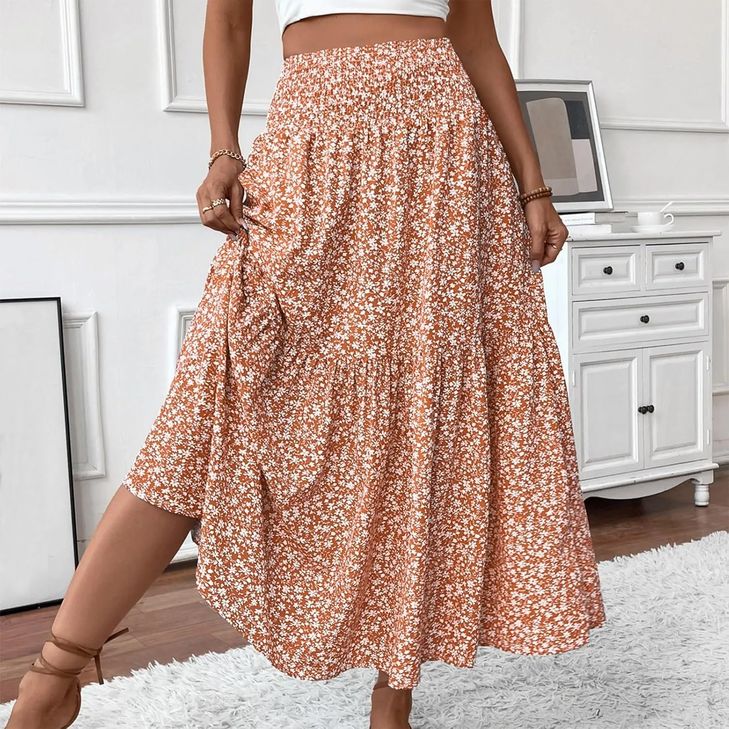 Maxi Skirts for Women with Pockets 2025 Summer Long High Elastic Waist Boho Flowy Ruffle A-Line Midi Length Floral Skirt