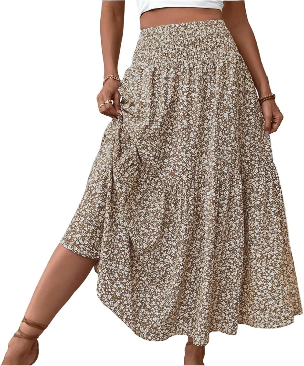 Maxi Skirts for Women with Pockets 2025 Summer Long High Elastic Waist Boho Flowy Ruffle A-Line Midi Length Floral Skirt