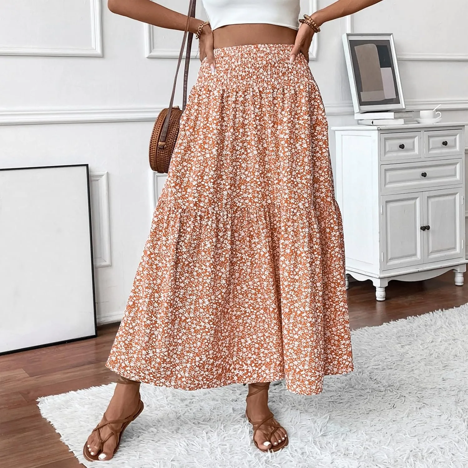 Maxi Skirts for Women with Pockets 2025 Summer Long High Elastic Waist Boho Flowy Ruffle A-Line Midi Length Floral Skirt