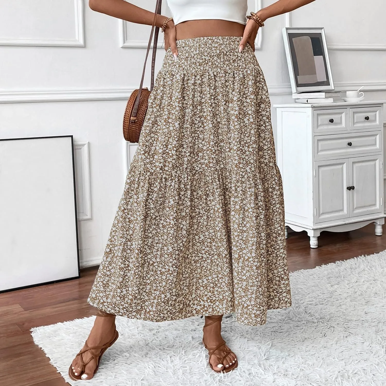 Maxi Skirts for Women with Pockets 2025 Summer Long High Elastic Waist Boho Flowy Ruffle A-Line Midi Length Floral Skirt