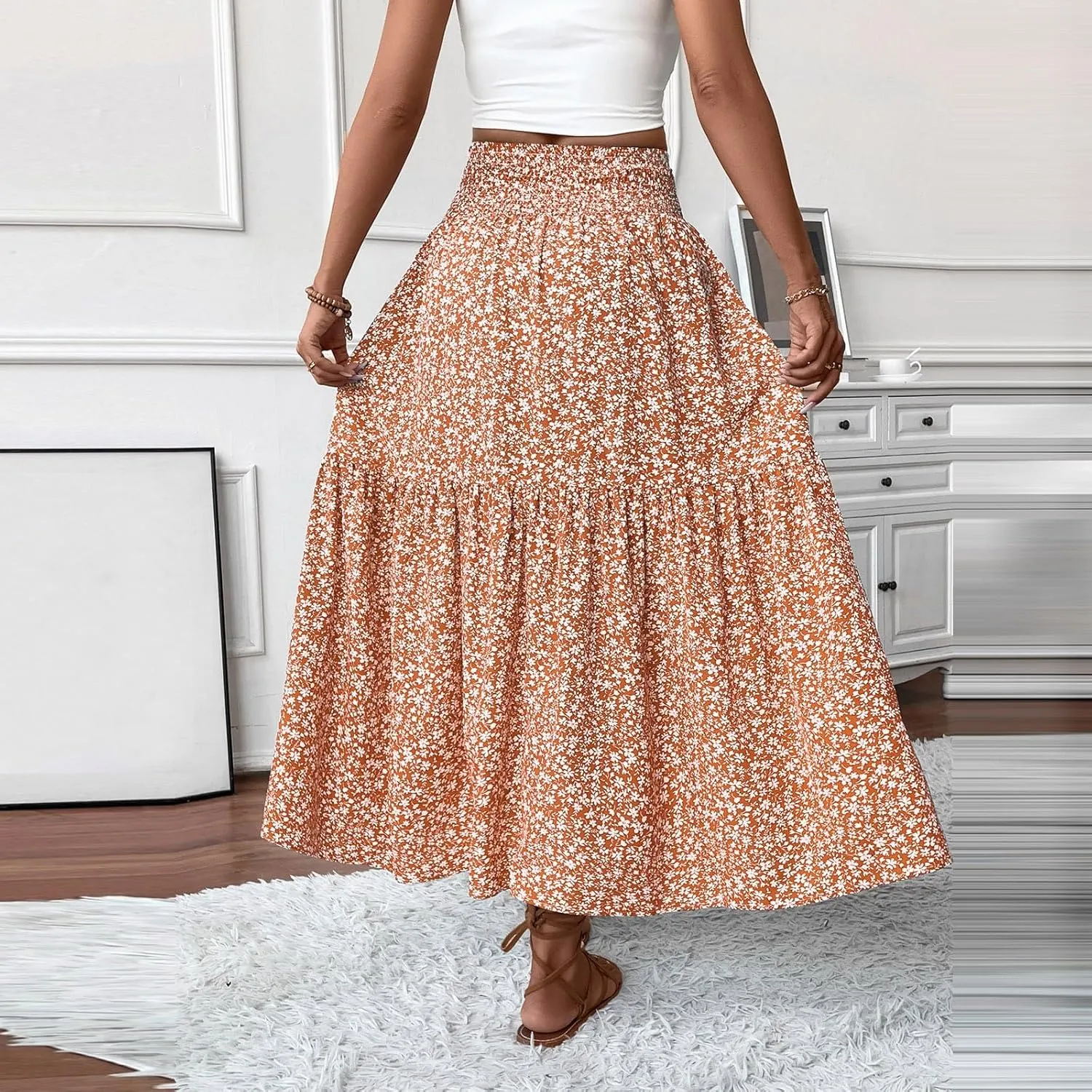 Maxi Skirts for Women with Pockets 2025 Summer Long High Elastic Waist Boho Flowy Ruffle A-Line Midi Length Floral Skirt