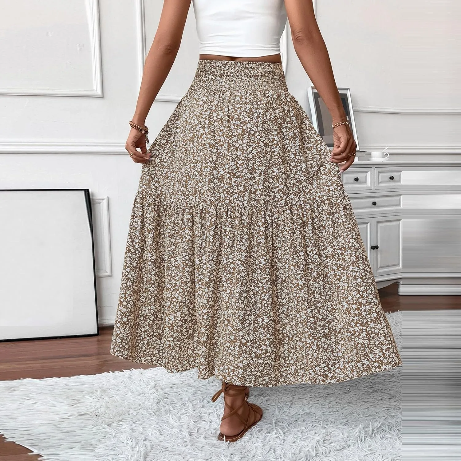 Maxi Skirts for Women with Pockets 2025 Summer Long High Elastic Waist Boho Flowy Ruffle A-Line Midi Length Floral Skirt