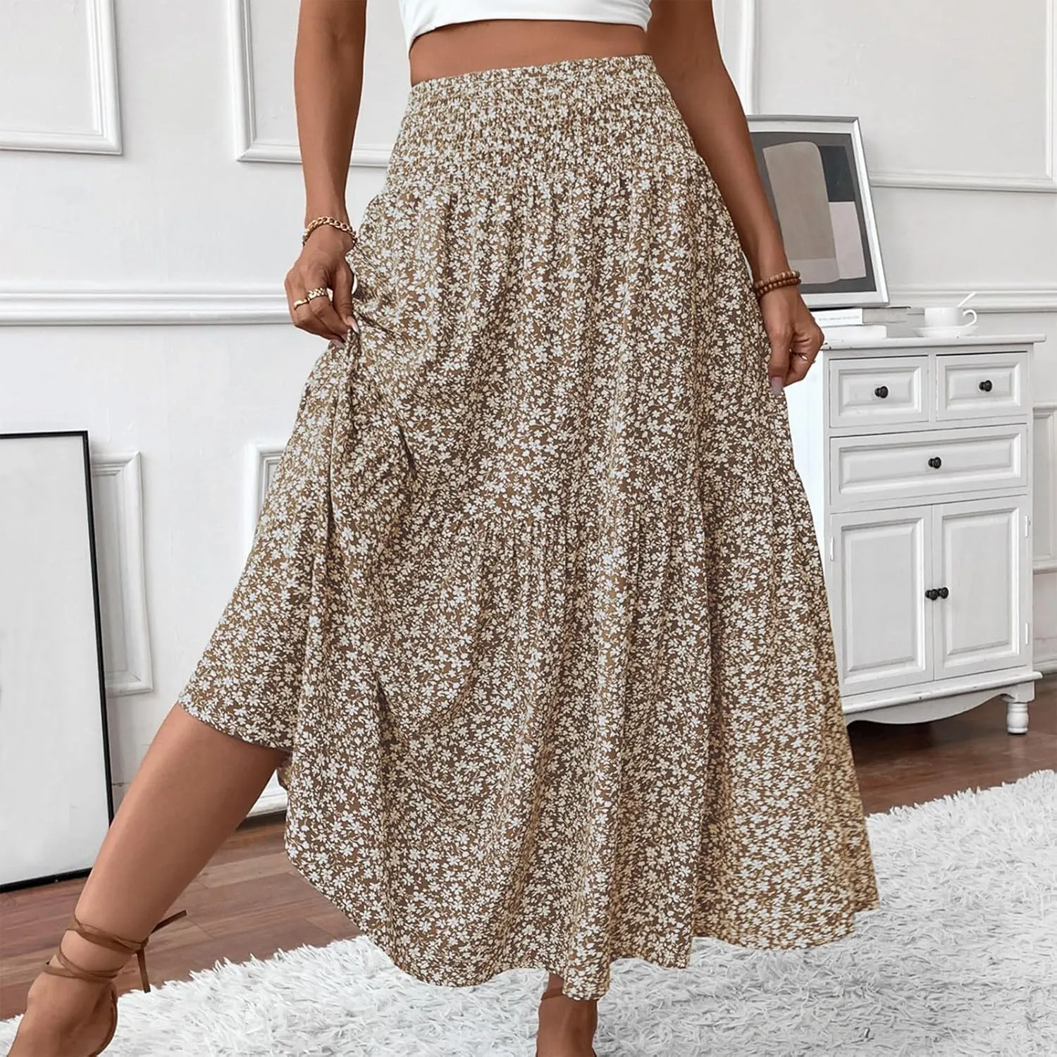 Maxi Skirts for Women with Pockets 2025 Summer Long High Elastic Waist Boho Flowy Ruffle A-Line Midi Length Floral Skirt