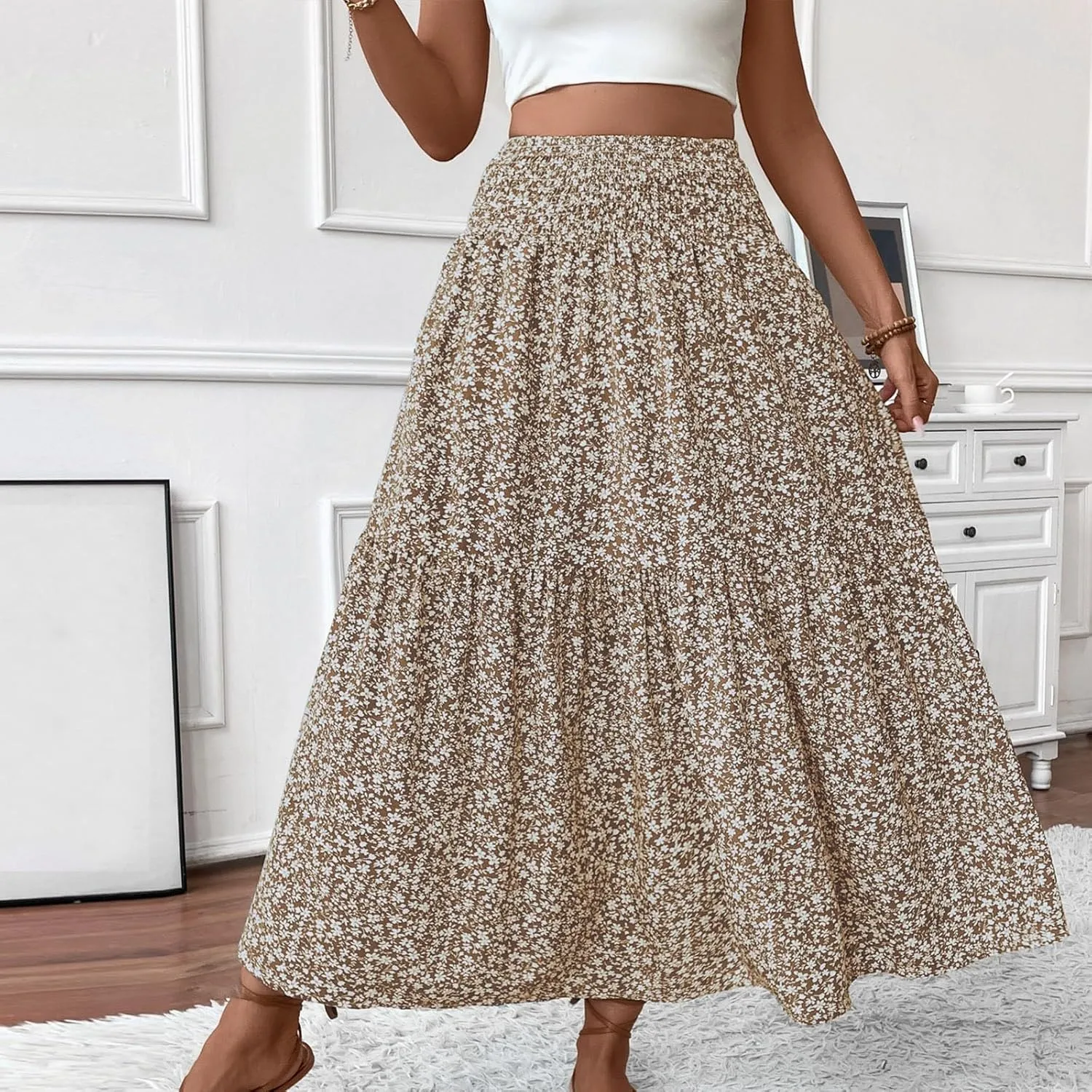 Maxi Skirts for Women with Pockets 2025 Summer Long High Elastic Waist Boho Flowy Ruffle A-Line Midi Length Floral Skirt