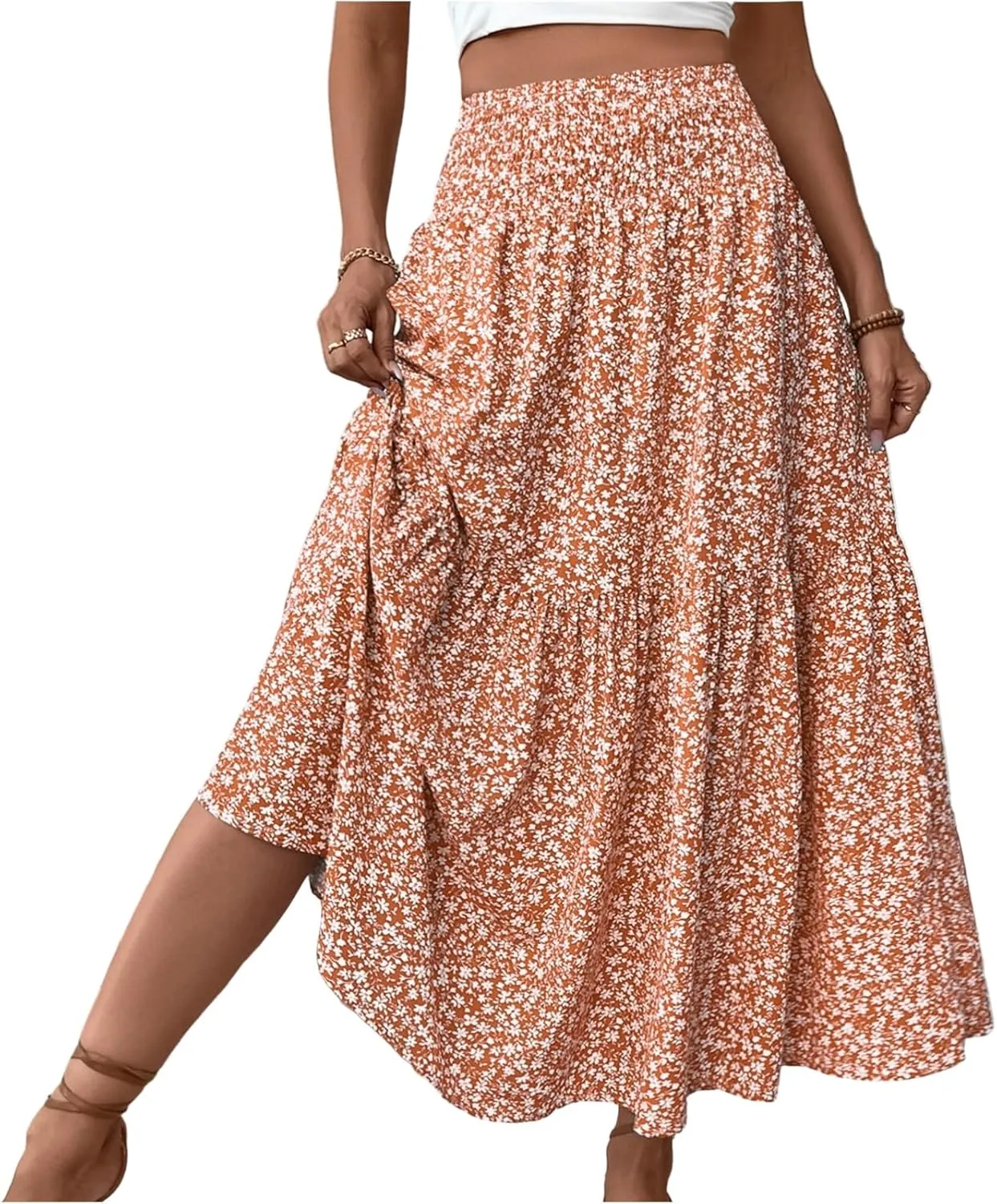 Maxi Skirts for Women with Pockets 2025 Summer Long High Elastic Waist Boho Flowy Ruffle A-Line Midi Length Floral Skirt