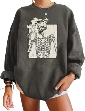 Meladyan Halloween Skull Graphic Print Fleece Oversized Sweatshirt Crewneck Long Sleeve Drop Shoulder Pullover