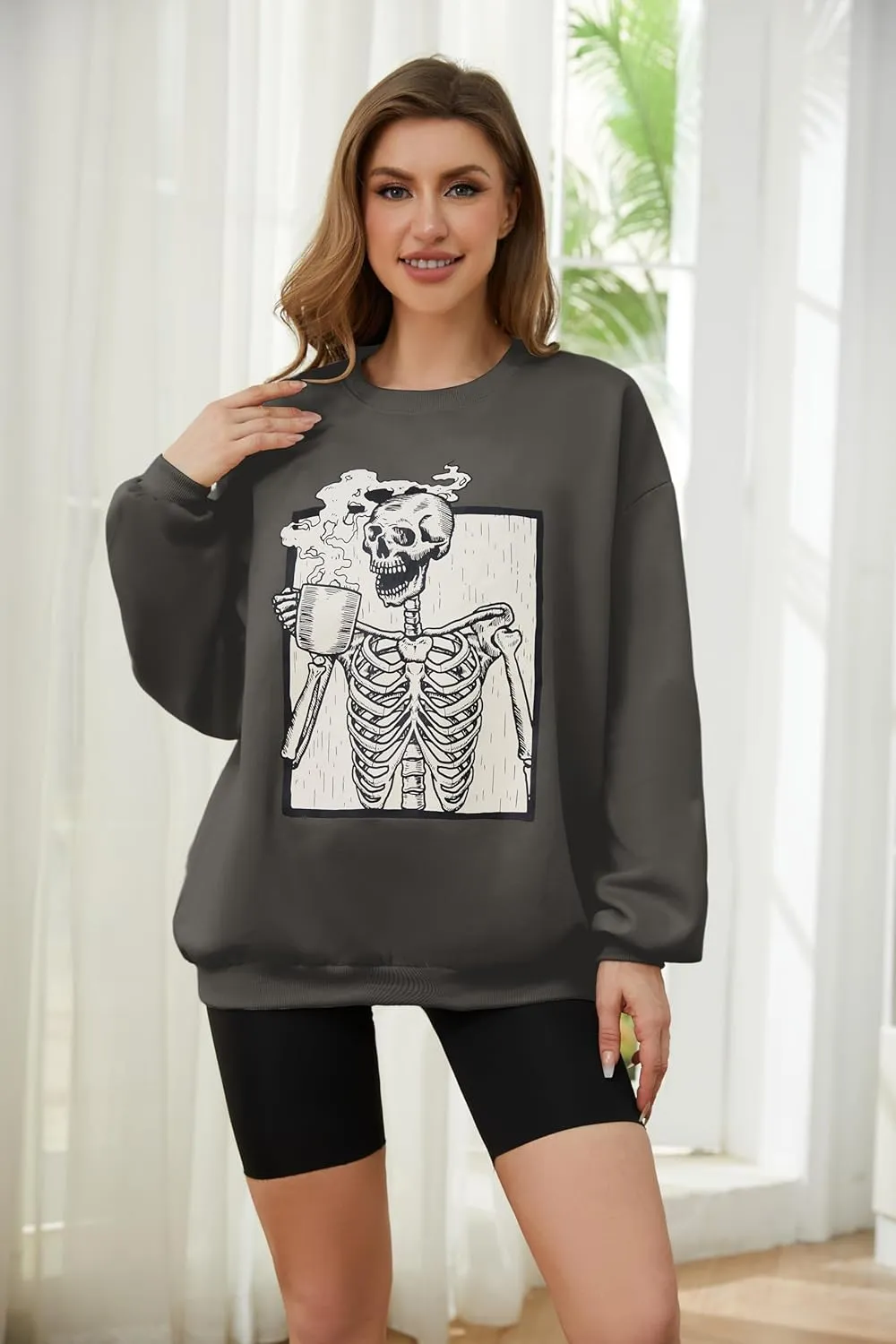 Meladyan Halloween Skull Graphic Print Fleece Oversized Sweatshirt Crewneck Long Sleeve Drop Shoulder Pullover
