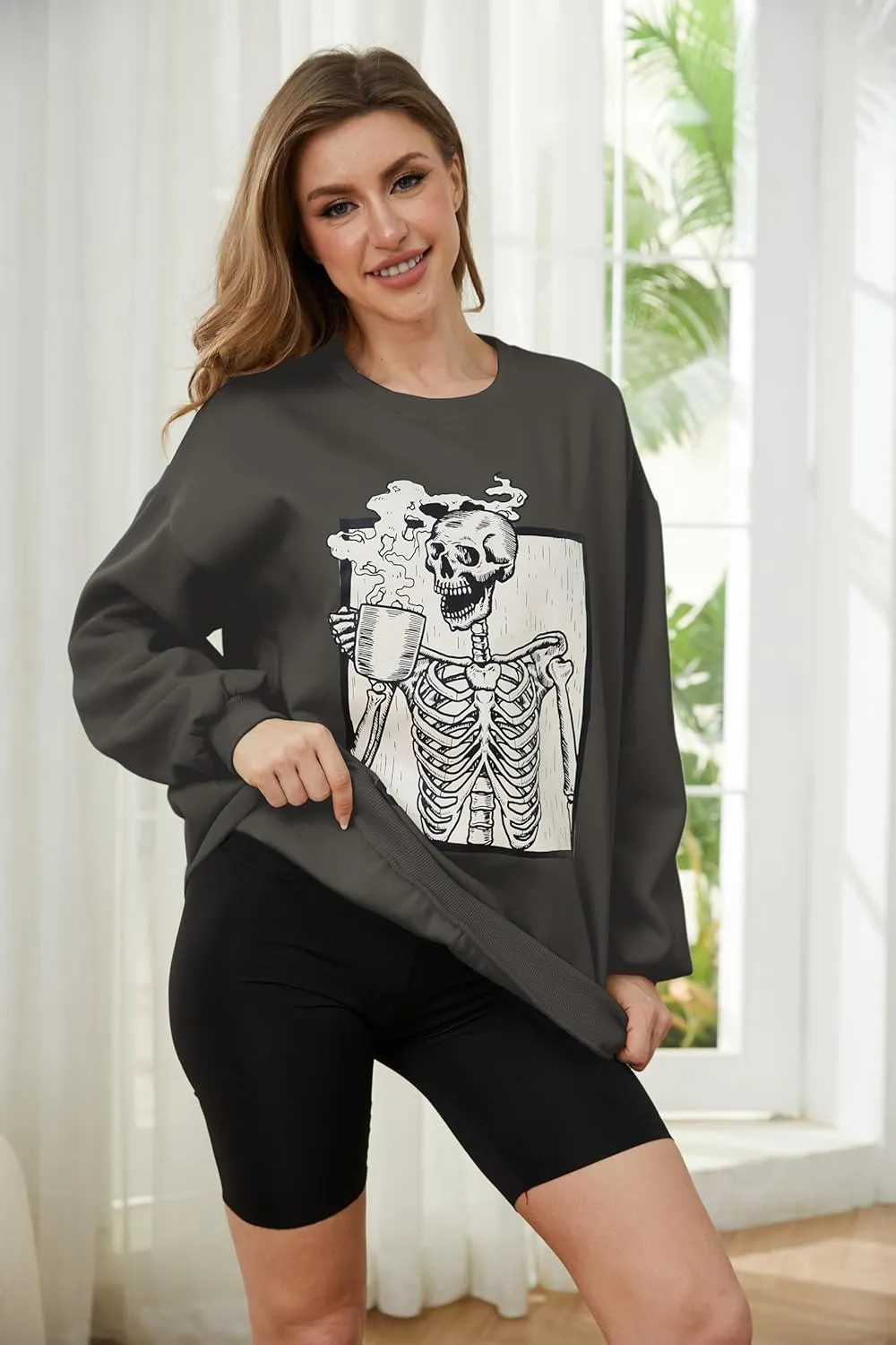Meladyan Halloween Skull Graphic Print Fleece Oversized Sweatshirt Crewneck Long Sleeve Drop Shoulder Pullover