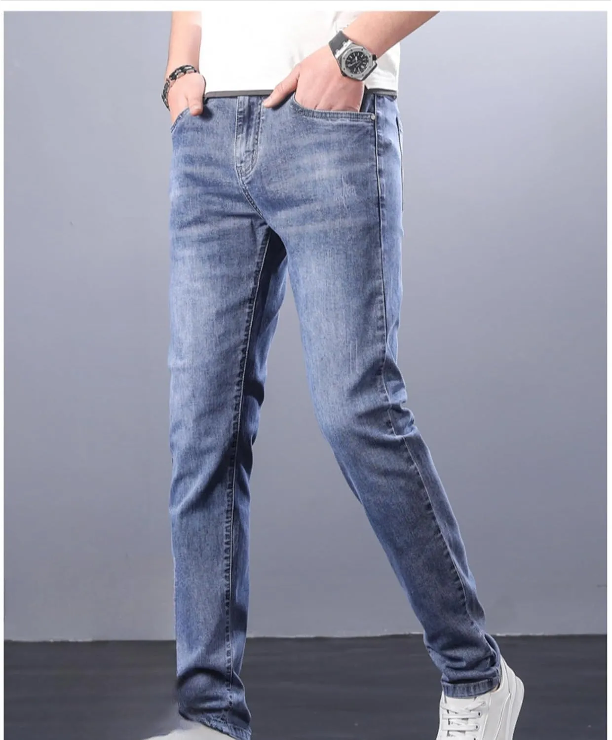 Men's Casual Style Straight Fit Jeans Slim Stretch Skinny Denim Pants Classic Lightweight Relaxed Retro Jean