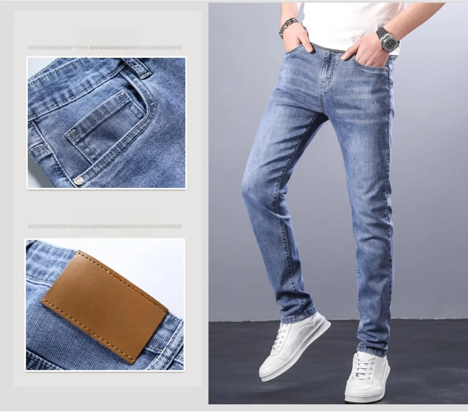Men's Casual Style Straight Fit Jeans Slim Stretch Skinny Denim Pants Classic Lightweight Relaxed Retro Jean