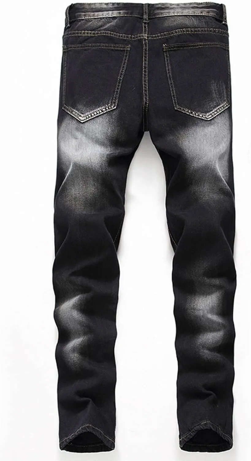 Mens Casual Washed Jeans Retro Ripped Relaxed Fit Distressed Denim Pants Street Style Fashion Straight Leg Jeans