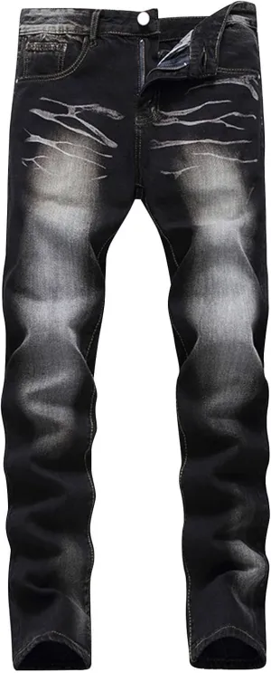 Mens Casual Washed Jeans Retro Ripped Relaxed Fit Distressed Denim Pants Street Style Fashion Straight Leg Jeans