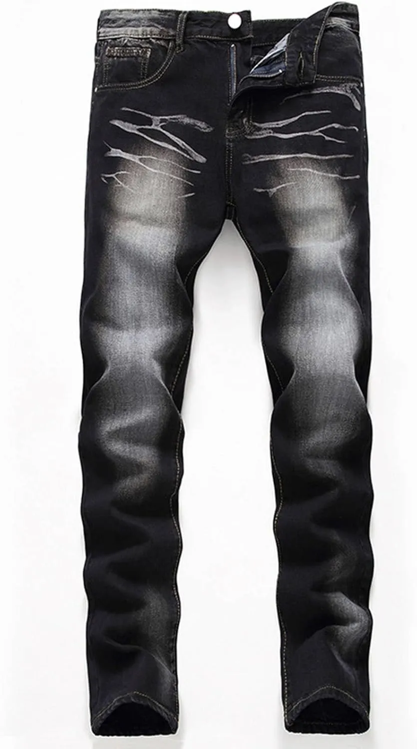 Mens Casual Washed Jeans Retro Ripped Relaxed Fit Distressed Denim Pants Street Style Fashion Straight Leg Jeans