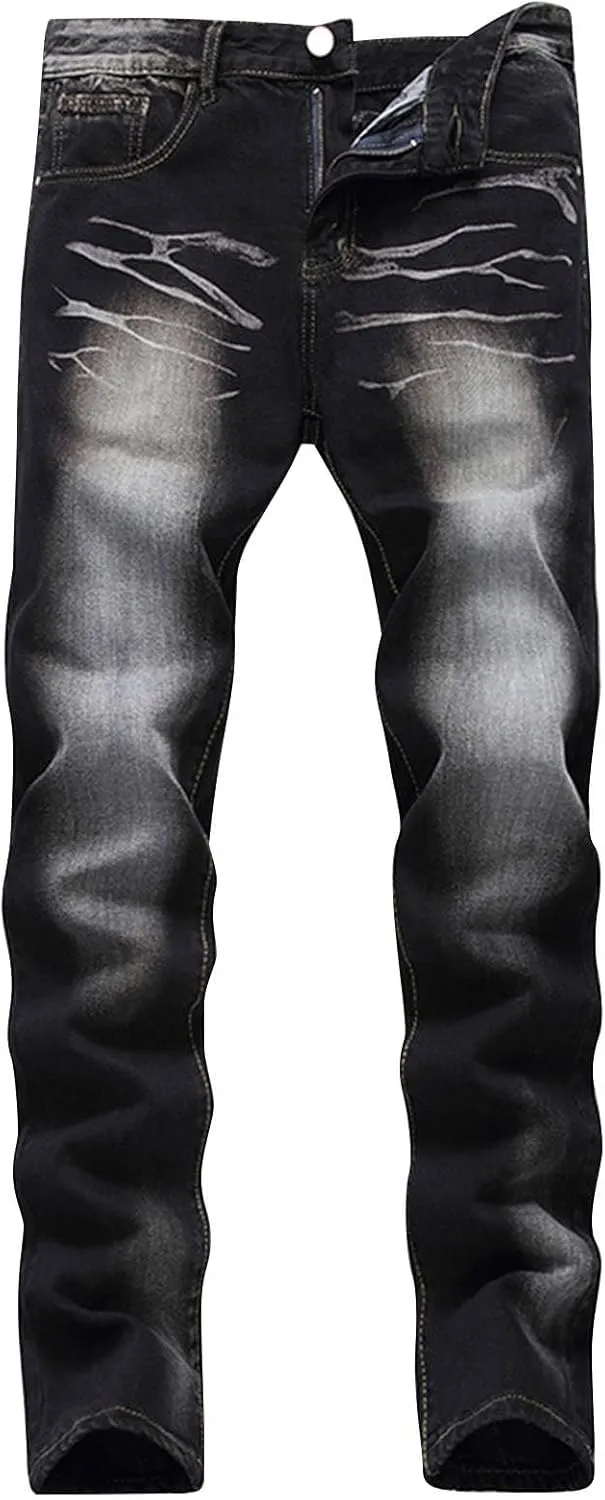 Mens Casual Washed Jeans Retro Ripped Relaxed Fit Distressed Denim Pants Street Style Fashion Straight Leg Jeans