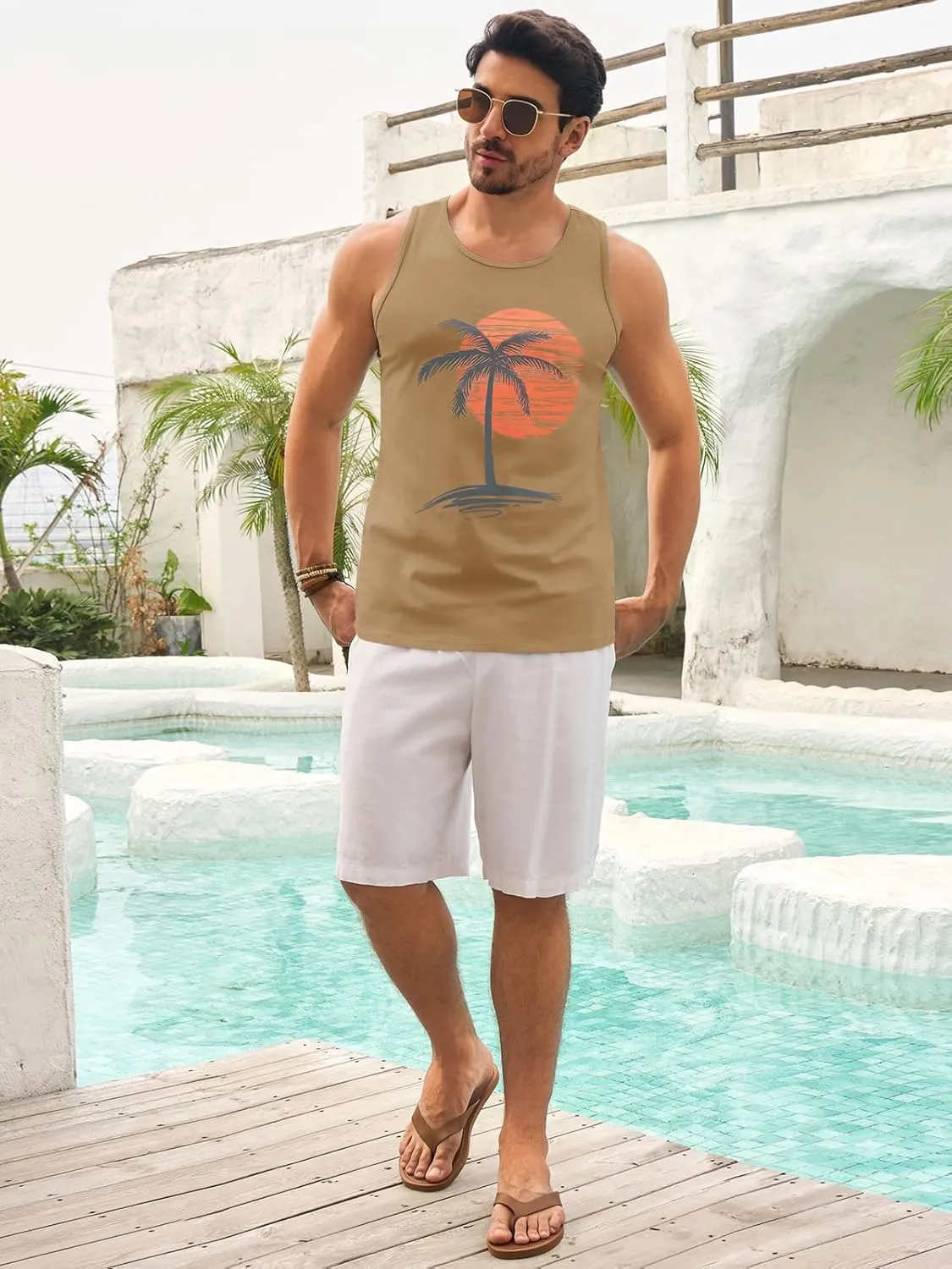 Mens Sleeveless Tank Tops Workout Gym Shirts Palm Tree Vintage Style T-Shirt