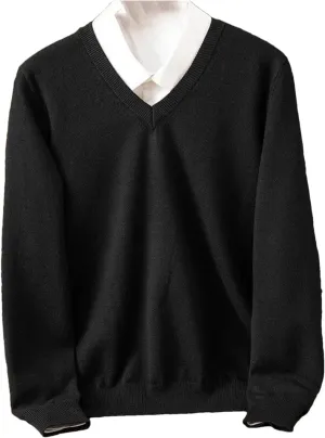 Merino Wool Sweater Men's V-Neck Pullover Tops Autumn Winter Solid Color Versatile Basic Sweater