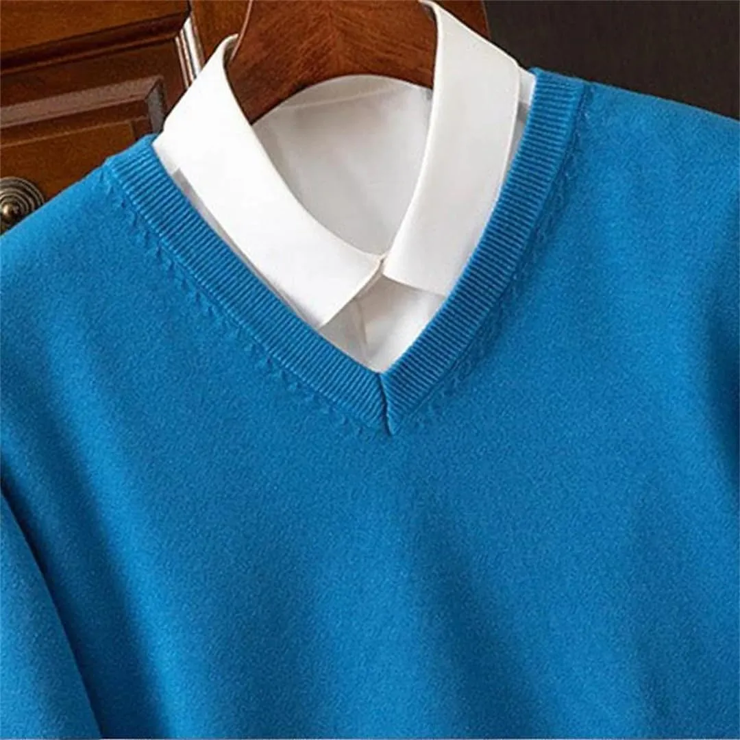 Merino Wool Sweater Men's V-Neck Pullover Tops Autumn Winter Solid Color Versatile Basic Sweater