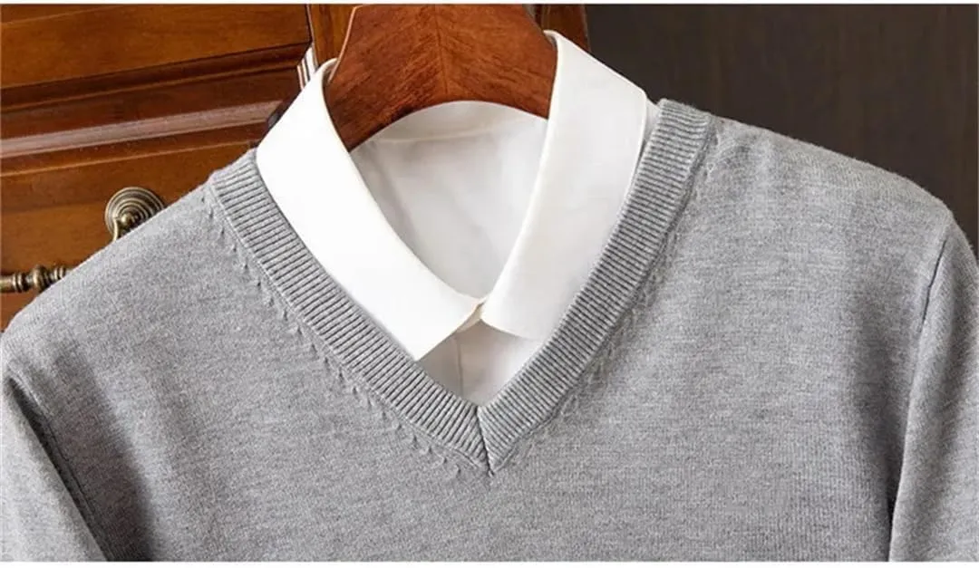 Merino Wool Sweater Men's V-Neck Pullover Tops Autumn Winter Solid Color Versatile Basic Sweater
