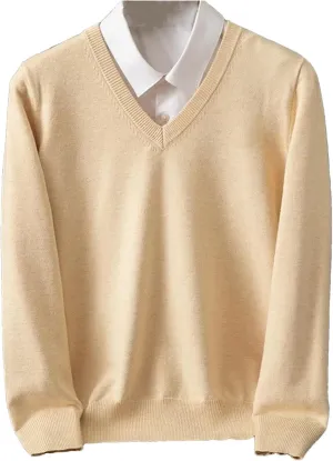 Merino Wool Sweater Men's V-Neck Pullover Tops Autumn Winter Solid Color Versatile Basic Sweater