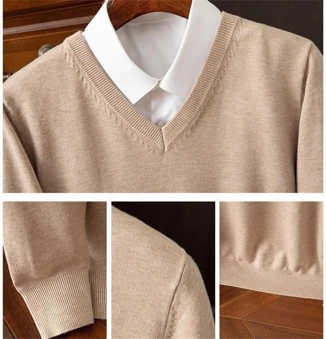 Merino Wool Sweater Men's V-Neck Pullover Tops Autumn Winter Solid Color Versatile Basic Sweater