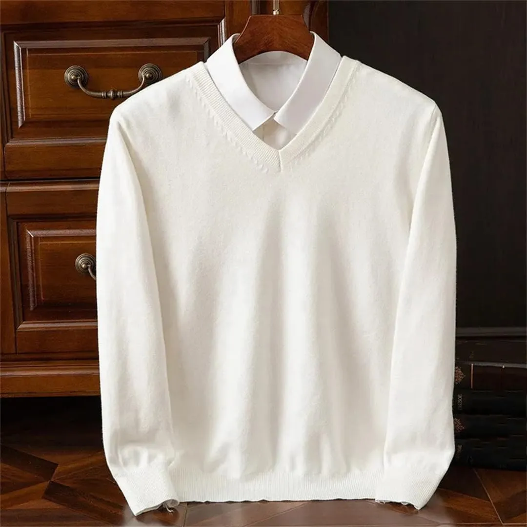 Merino Wool Sweater Men's V-Neck Pullover Tops Autumn Winter Solid Color Versatile Basic Sweater