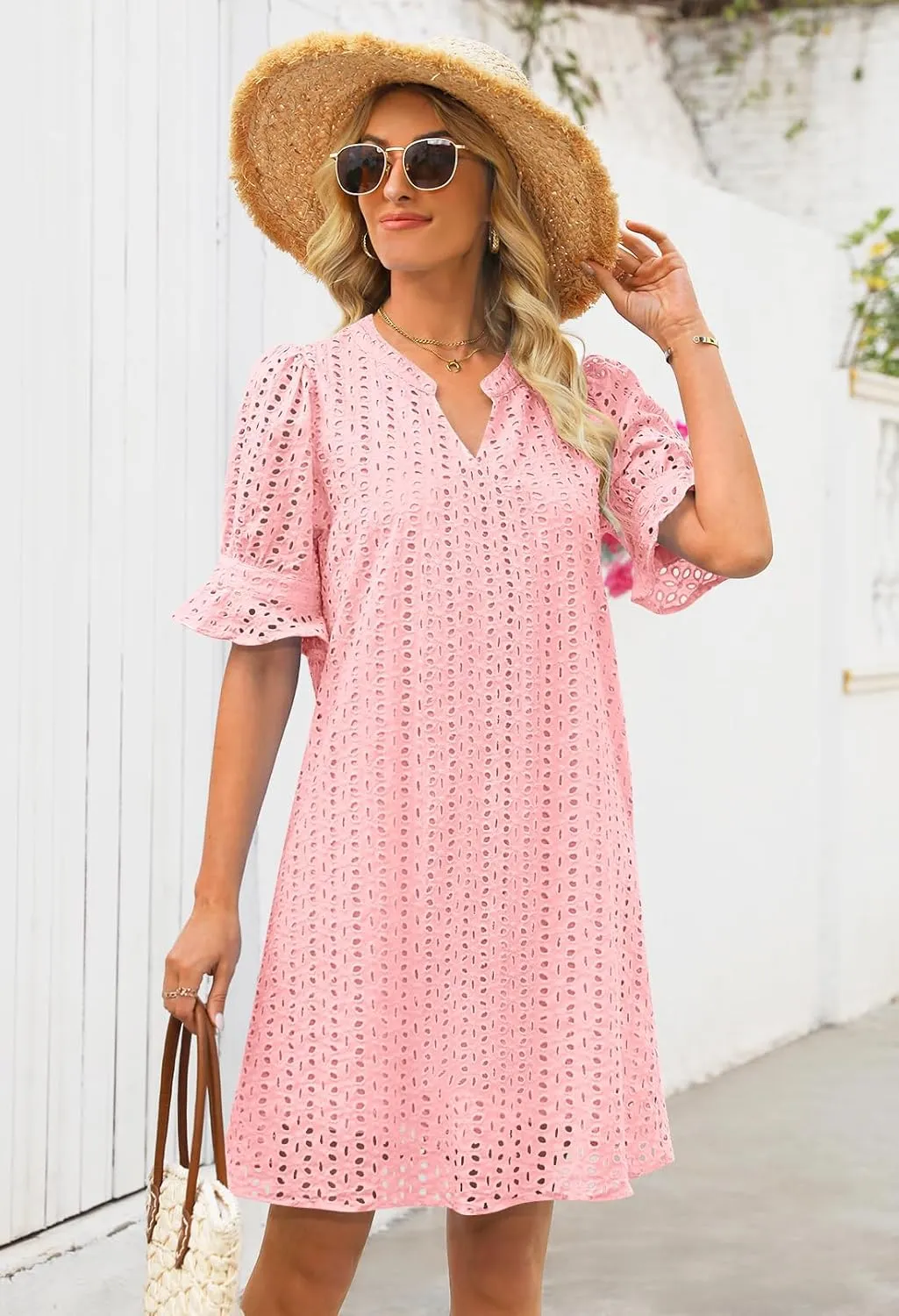 MEROKEETY Women's 2025 Summer Short Sleeve Mini Dress V Neck Ruffle Hollow Out Eyelet Lace Dresses