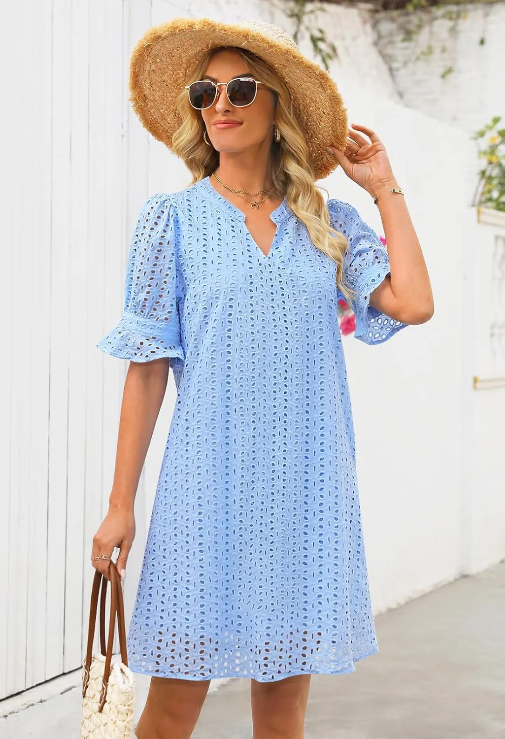 MEROKEETY Women's 2025 Summer Short Sleeve Mini Dress V Neck Ruffle Hollow Out Eyelet Lace Dresses